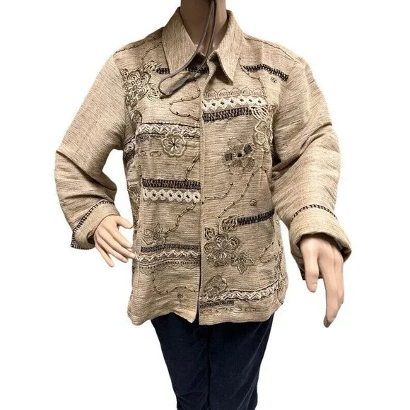 Coldwater Creek Tan Embroidered Floral Western Boho Linen Blazer Jacket Size 10 - Picture 2 of 11